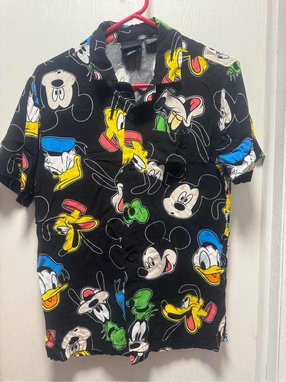 Disney Black Short-Sleeve Button-Down Shirt with Multicolor Character Faces